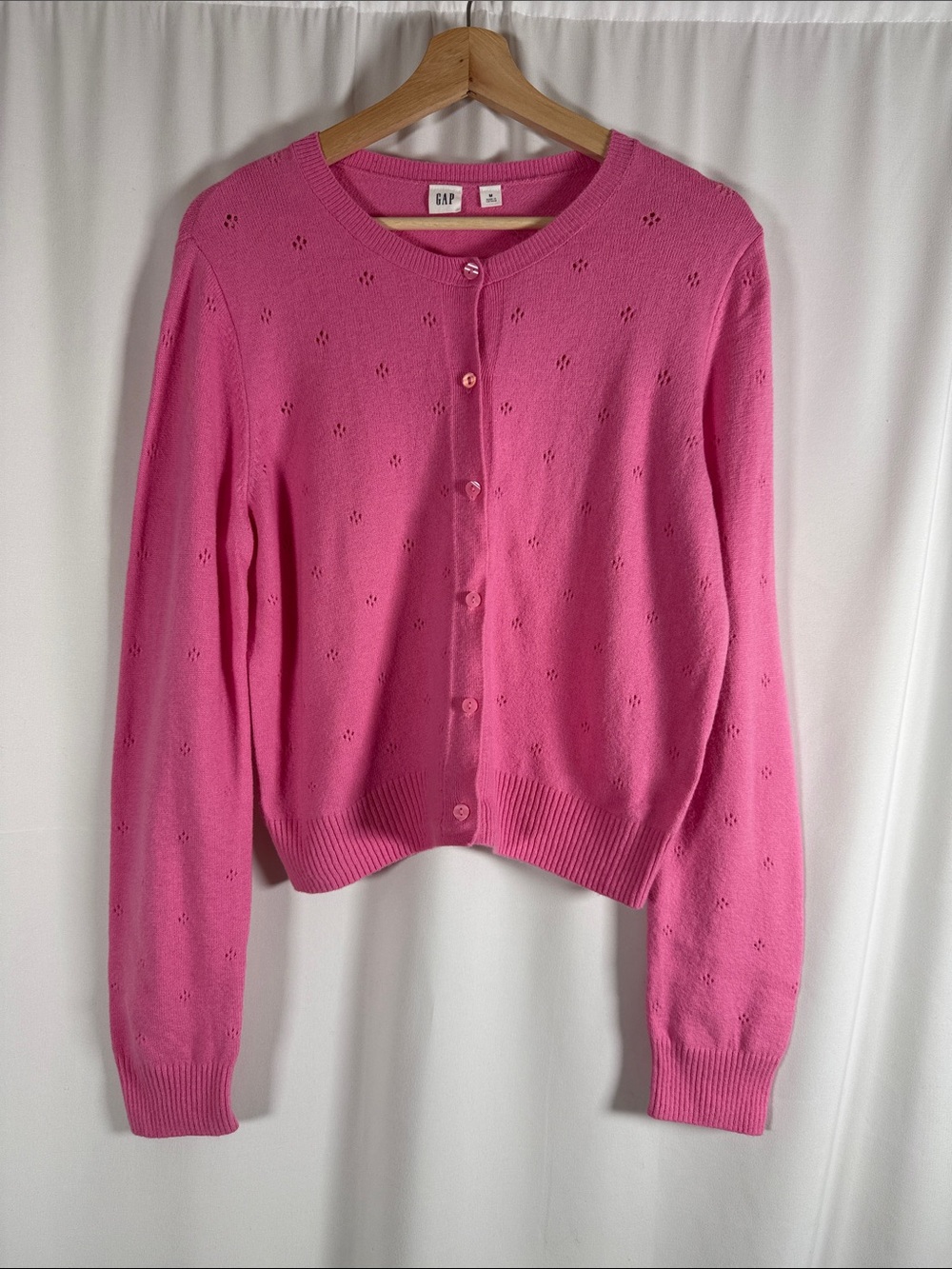 GAP Pink Eyelet Button-Front Crewneck Cardigan